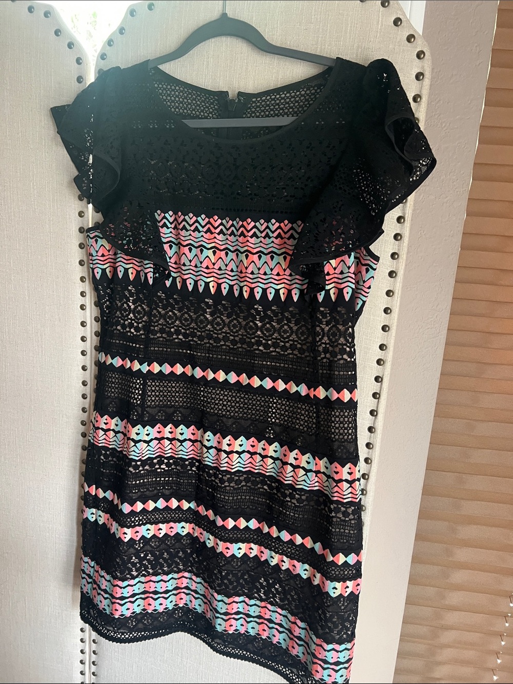 BCBG Black Lace Midi Dress with Pink and Aqua Chevron Trim